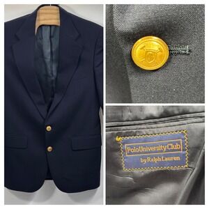 Polo University Club Ralph Lauren Navy Wool Blazer 40R 2-Button Gold Crest